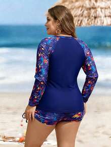 Swim Lushoire Plus Size Women 2-Piece Set,Navy Blue Leaf Print Long Sleeve Round Neck Swimsuit With High Waist Drawstring Shorts,Summer Beach Vacation Holiday - Blue - View 2