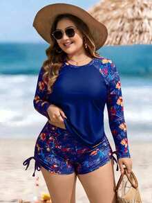 Swim Lushoire Plus Size Women 2-Piece Set,Navy Blue Leaf Print Long Sleeve Round Neck Swimsuit With High Waist Drawstring Shorts,Summer Beach Vacation Holiday - Blue - View 4