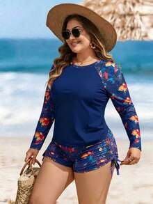 Swim Lushoire Plus Size Women 2-Piece Set,Navy Blue Leaf Print Long Sleeve Round Neck Swimsuit With High Waist Drawstring Shorts,Summer Beach Vacation Holiday - Blue - View 5