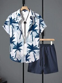 Genlund 2pcs/Set Men's Palm Tree Print Short Sleeve Shirt And Solid Color Slant Pocket Shorts Holiday - Multicolor - View 6