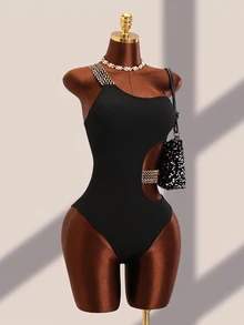 Swim Basics Summer Beach Textured Stitch Detail One Piece Swimsuit - Black - View 6