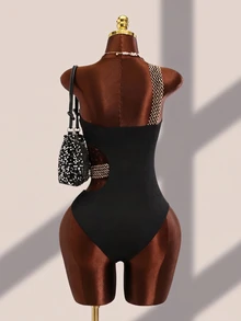 Swim Basics Summer Beach Textured Stitch Detail One Piece Swimsuit - Black - View 3