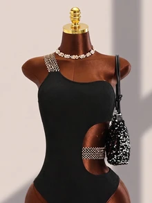 Swim Basics Summer Beach Textured Stitch Detail One Piece Swimsuit - Black - View 7