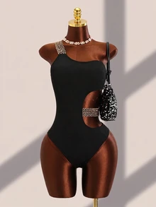 Swim Basics Summer Beach Textured Stitch Detail One Piece Swimsuit - Black - View 5