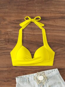 Swim Vcay Top de bikini amarillo de unicolor con cuello de halter y espalda descubierta para playa de verano - Amarillo - Ver 7