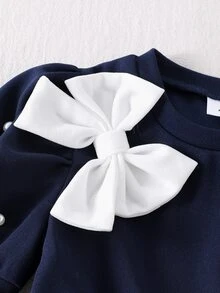 SHEIN Elladie kids 少女花卉洋裝，秋季新款，聖誕、校園海軍藍立領長袖泡泡袖珍珠3D水鑽羊腿袖 - 藏蓝色 - 查看 7