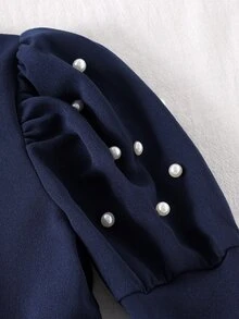 SHEIN Elladie kids 少女花卉洋裝，秋季新款，聖誕、校園海軍藍立領長袖泡泡袖珍珠3D水鑽羊腿袖 - 藏蓝色 - 查看 5