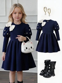 SHEIN Elladie kids 少女花卉洋裝，秋季新款，聖誕、校園海軍藍立領長袖泡泡袖珍珠3D水鑽羊腿袖 - 藏蓝色 - 查看 4