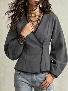 Cévolie French Casual Double-Breasted Contrast Trim Slim Fit Jacket - Grey - View 4
