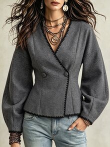 Cévolie French Casual Double-Breasted Contrast Trim Slim Fit Jacket - Grey - View 2
