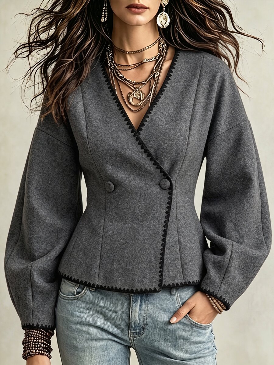 Cévolie French Casual Double-Breasted Contrast Trim Slim Fit Jacket