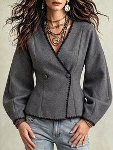 Cévolie French Casual Double-Breasted Contrast Trim Slim Fit Jacket - Grey - View 5