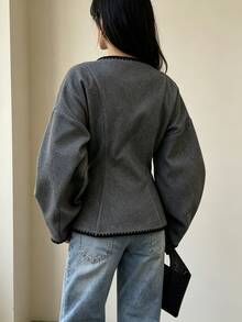 Cévolie French Casual Double-Breasted Contrast Trim Slim Fit Jacket - Grey - View 3