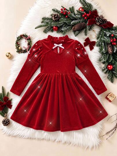 Glamorique Kids Girls' Elegant Velvet Dress, Puff Long Sleeve With Pearl Decor, Stand Collar Hollow Bow A-Line Full Skirt Party Dress