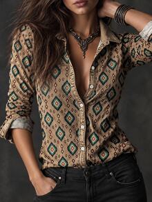 Glimmora Women's Brown Long-Sleeve Western-Style Casual Vintage Shirt (Suitable For Autumn And Winter). - Multicolor - View 3