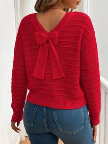 SHEIN LUNE Sweater Pullover Lengan Panjang Kasual dengan Desain Pita di Bagian Belakang untuk Musim Dingin - Merah - View 1