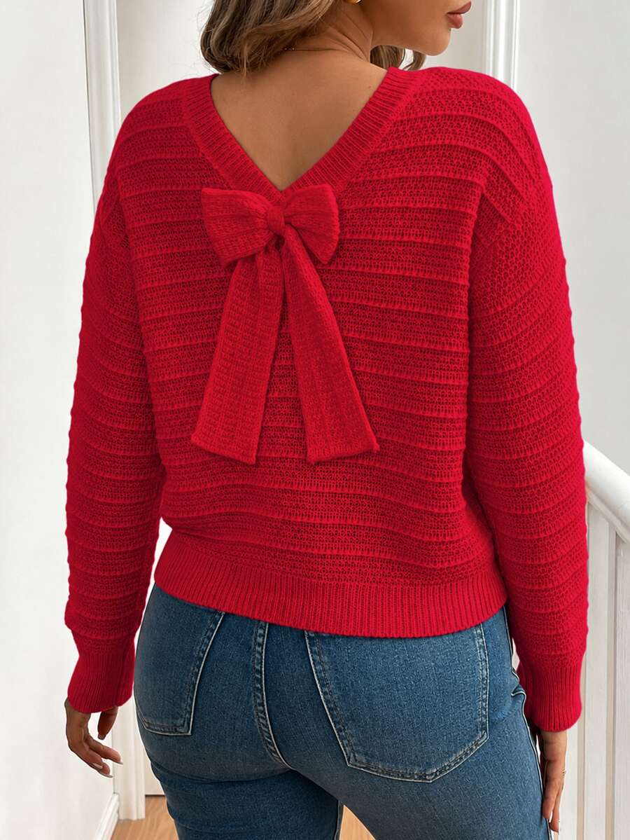 SHEIN LUNE Sweater Pullover Lengan Panjang Kasual dengan Desain Pita di Bagian Belakang untuk Musim Dingin - Merah - View 1
