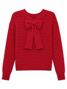 SHEIN LUNE Sweater Pullover Lengan Panjang Kasual dengan Desain Pita di Bagian Belakang untuk Musim Dingin - Merah - View 7