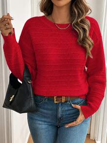 SHEIN LUNE Sweater Pullover Lengan Panjang Kasual dengan Desain Pita di Bagian Belakang untuk Musim Dingin - Merah - View 4