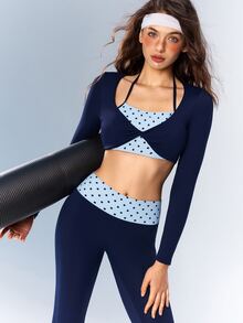 VARSIVA Women's 2-In-1 Polka-Dot Activewear Set (Navy Blue, Autumn Style): Long-Sleeve Top With Built-In Bra & Leggings – Suitable For The Gym - Multicolor - View 5