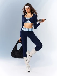 VARSIVA Women's 2-In-1 Polka-Dot Activewear Set (Navy Blue, Autumn Style): Long-Sleeve Top With Built-In Bra & Leggings – Suitable For The Gym - Multicolor - View 9