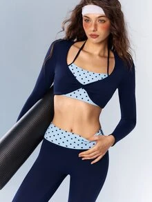 VARSIVA Women's 2-In-1 Polka-Dot Activewear Set (Navy Blue, Autumn Style): Long-Sleeve Top With Built-In Bra & Leggings – Suitable For The Gym - Multicolor - View 3