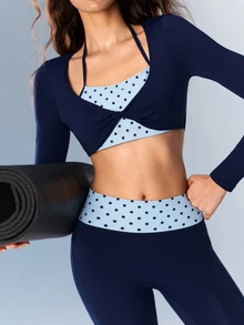 VARSIVA Women's 2-In-1 Polka-Dot Activewear Set (Navy Blue, Autumn Style): Long-Sleeve Top With Built-In Bra & Leggings – Suitable For The Gym - Multicolor - View 8