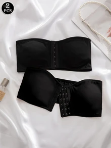 Wedaily 2 Pieces Set Women Underwear Bras, Front Closure Padded Push-Up - Black - View 2
