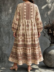 Ceyna Plus Size Women's French Casual Elegant Print Round Neck Long Sleeve Dress - Apricot - View 2