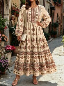 Ceyna Plus Size Women's French Casual Elegant Print Round Neck Long Sleeve Dress - Apricot - View 3