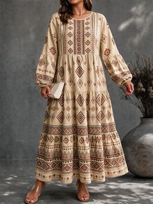 Ceyna Plus Size Women's French Casual Elegant Print Round Neck Long Sleeve Dress - Apricot - View 1