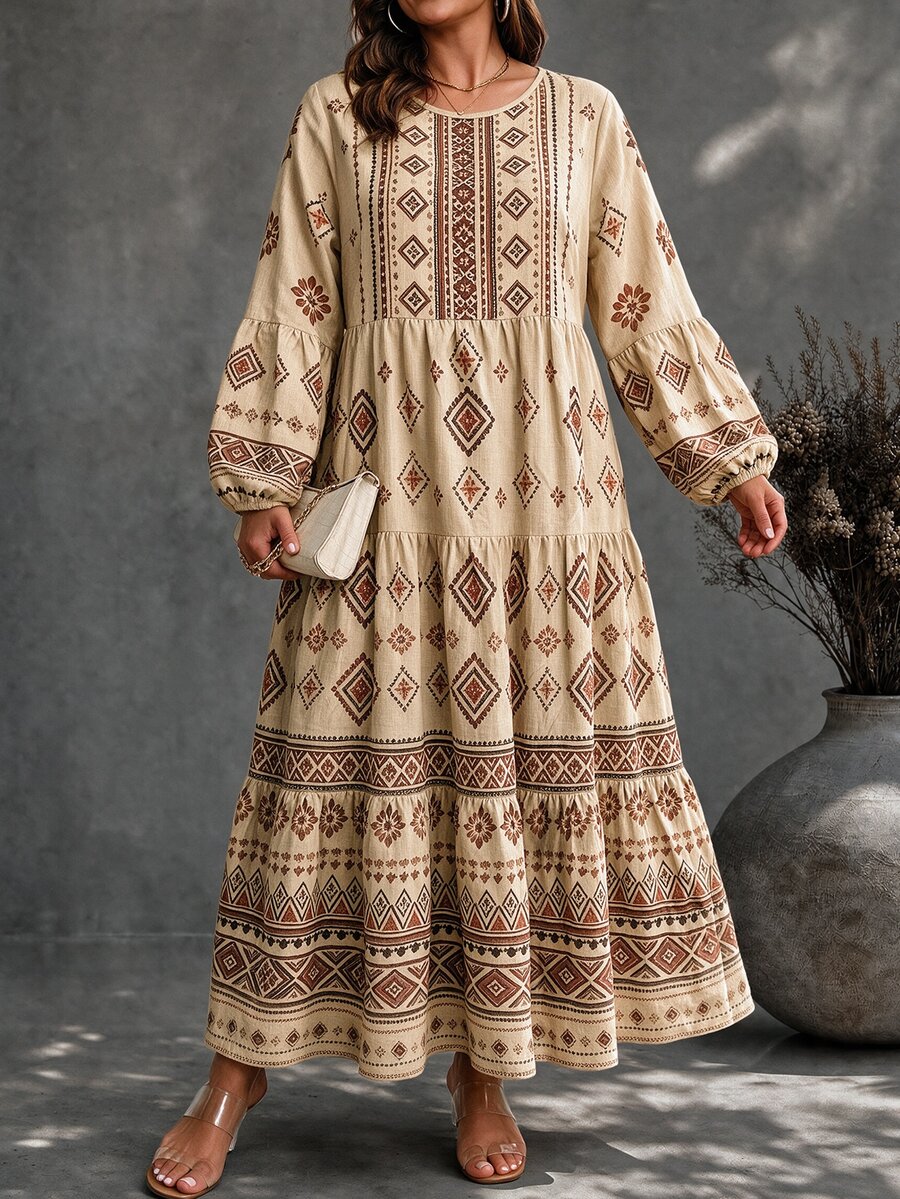 Ceyna Plus Size Women's French Casual Elegant Print Round Neck Long Sleeve Dress - Apricot - View 1
