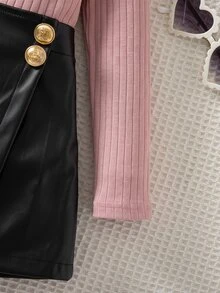 SHEIN 女童小女孩針織素色立領休閒T恤與PU皮革秋季裙 2件套 - 藕粉色 - 查看 3