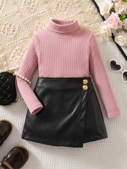 SHEIN Young Girl Young Girl Knit Solid Color Stand Collar Casual T-Shirt And PU Leather Autumn Skirt 2-Piece Set