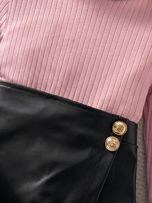 SHEIN 女童小女孩針織素色立領休閒T恤與PU皮革秋季裙 2件套 - 藕粉色 - 查看 5
