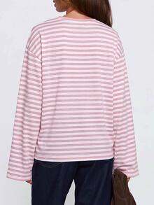 SHEIN 青少年女孩秋季粉色條紋長袖上衣 T-shirt，返校時尚穿搭 - 粉色 - 查看 2