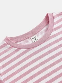 SHEIN 青少年女孩秋季粉色條紋長袖上衣 T-shirt，返校時尚穿搭 - 粉色 - 查看 4