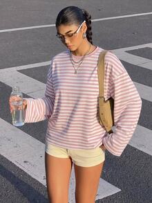 SHEIN 青少年女孩秋季粉色條紋長袖上衣 T-shirt，返校時尚穿搭 - 粉色 - 查看 3