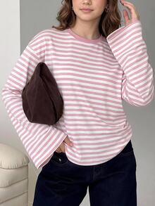 SHEIN 青少年女孩秋季粉色條紋長袖上衣 T-shirt，返校時尚穿搭 - 粉色 - 查看 1