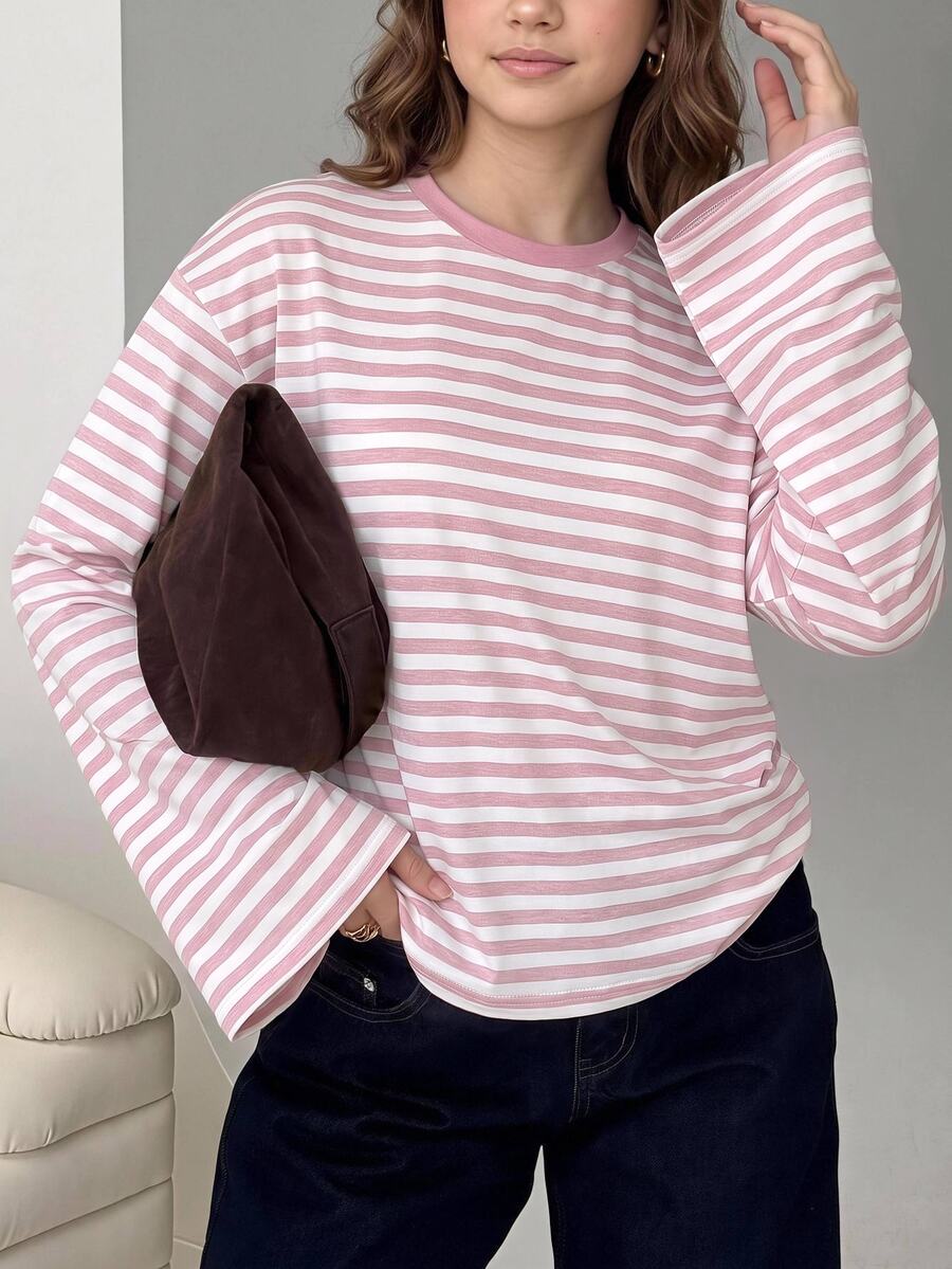 SHEIN 青少年女孩秋季粉色條紋長袖上衣 T-shirt,返校時尚穿搭 - 粉色 - 查看 1