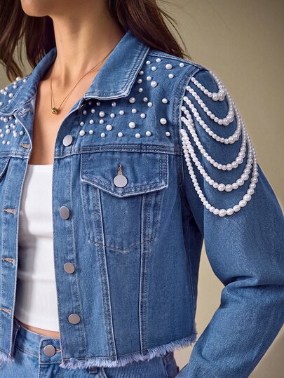 Selenza Women's Faux Pearl Decor Casual Daily Denim Top