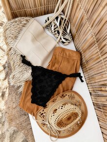 Elavelle Women's Jacquard Fabric Side Tie Bikini Bottom, Spring/Summer - Black - View 3