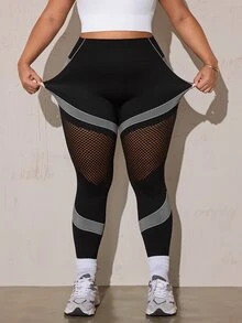 SHEIN Rhythm Era Women's Plus Size Striped Patchwork Fishnet Design Sports Kawaii Leggings Gym Black And White Summer - Black - View 5