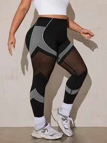 SHEIN Rhythm Era Women's Plus Size Striped Patchwork Fishnet Design Sports Kawaii Leggings Gym Black And White Summer - Black - View 3
