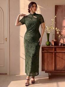 EastFlair Plus Size Women's Flocked Mesh Short Sleeve Button Design Fitted Elegant Dress - Green - View 5