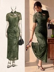 EastFlair Plus Size Women's Flocked Mesh Short Sleeve Button Design Fitted Elegant Dress - Green - View 1
