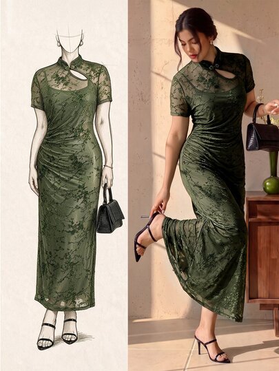 EastFlair Gaun Elegan Pas Badan Lengan Pendek Berbahan Jala Berbulu untuk Wanita Ukuran Plus
