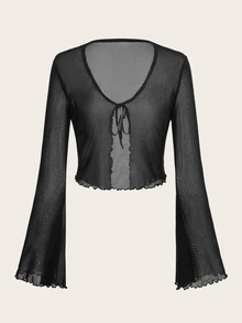 SHEIN ICON Tie Front Lettuce Trim Trumpet Sleeve Mesh Y2k Top - Black - View 2