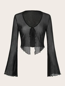SHEIN ICON Tie Front Lettuce Trim Trumpet Sleeve Mesh Y2k Top - Black - View 3