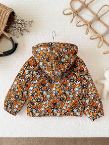 SHEIN 女嬰休閒可愛花卉圖案抓絨連帽外套 - 彩色 - 查看 2